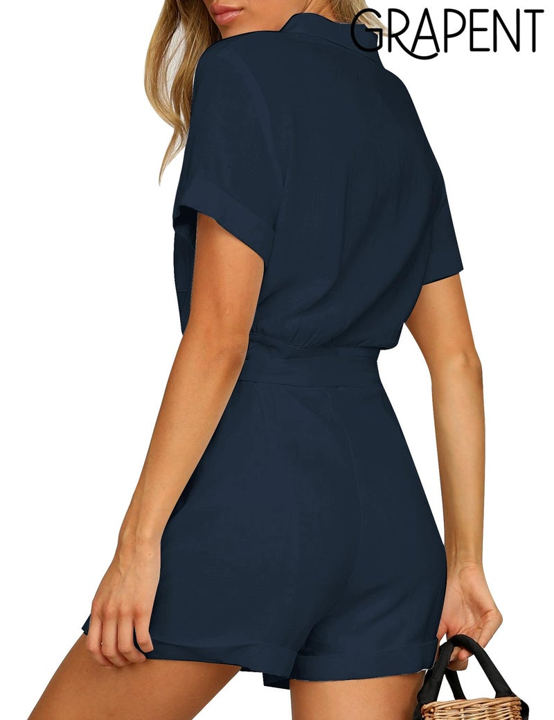 GRAPENT Women's Navy Blue Summer Casual Short Sleeves Button Down Pocket Belted Jumpsuits Rompers Size Large (Fits US 12-14) - Image 2
